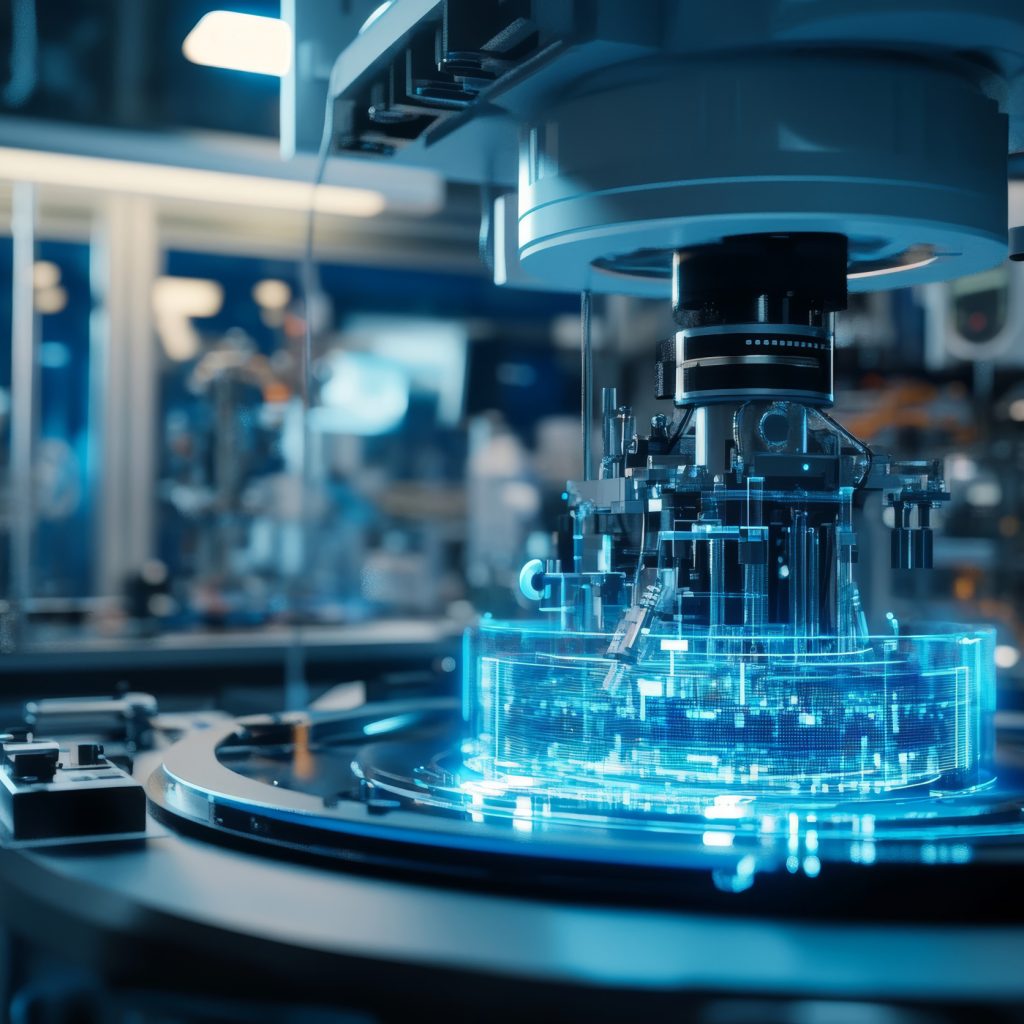 Futuristic laboratory showcasing robotic control systems and advanced digital technology innovation